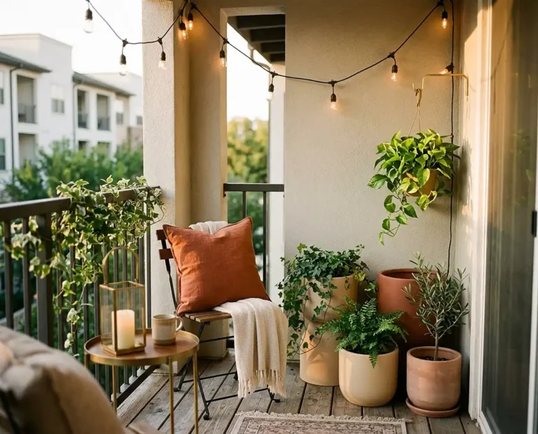 A small balcony styled in a cohesive cream and terracotta palette that looks expensive
