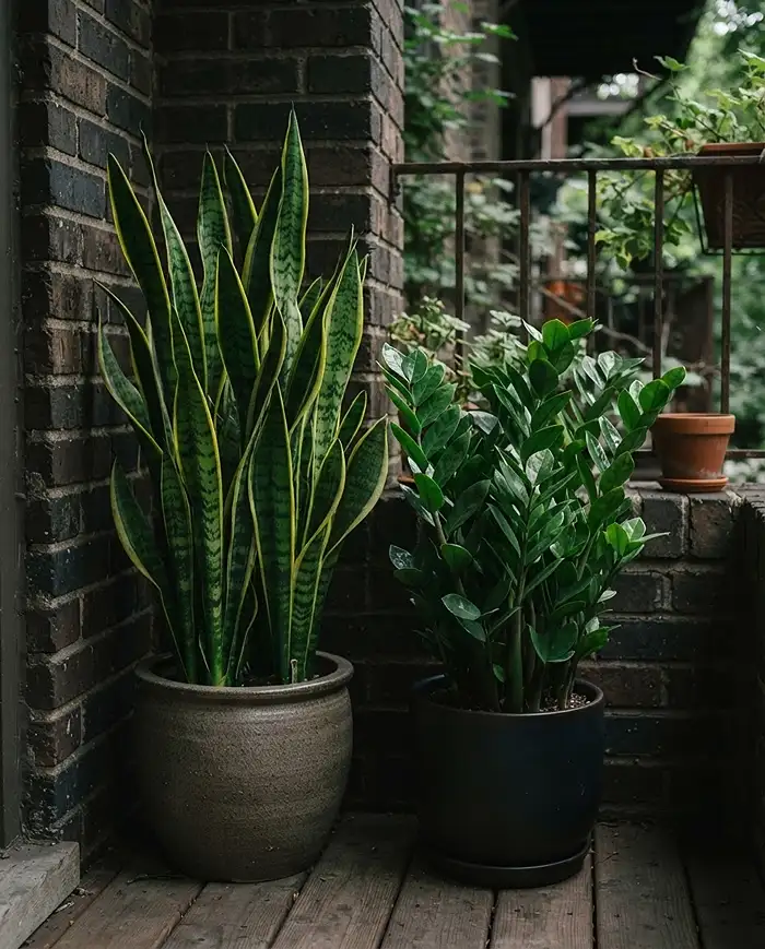 Low Maintenance Balcony Plants for Busy Gardeners 5 A snake plant and ZZ plant thriving in the deep shade of a balcony corner.