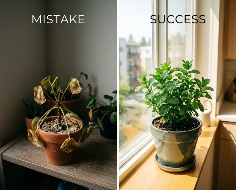 A struggling plant beside a thriving one showing common apartment gardening mistakes