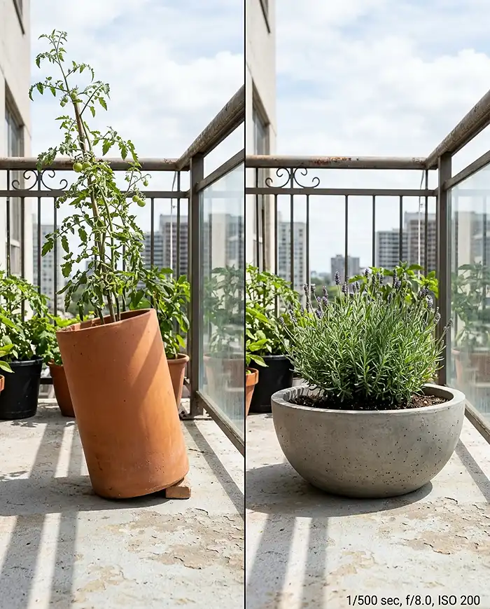 A tall narrow pot tipping versus a stable low wide planter in wind
