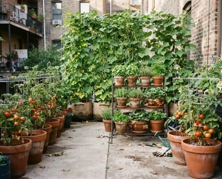 A tiny patio garden using trellises, tiered stands, and containers to save space