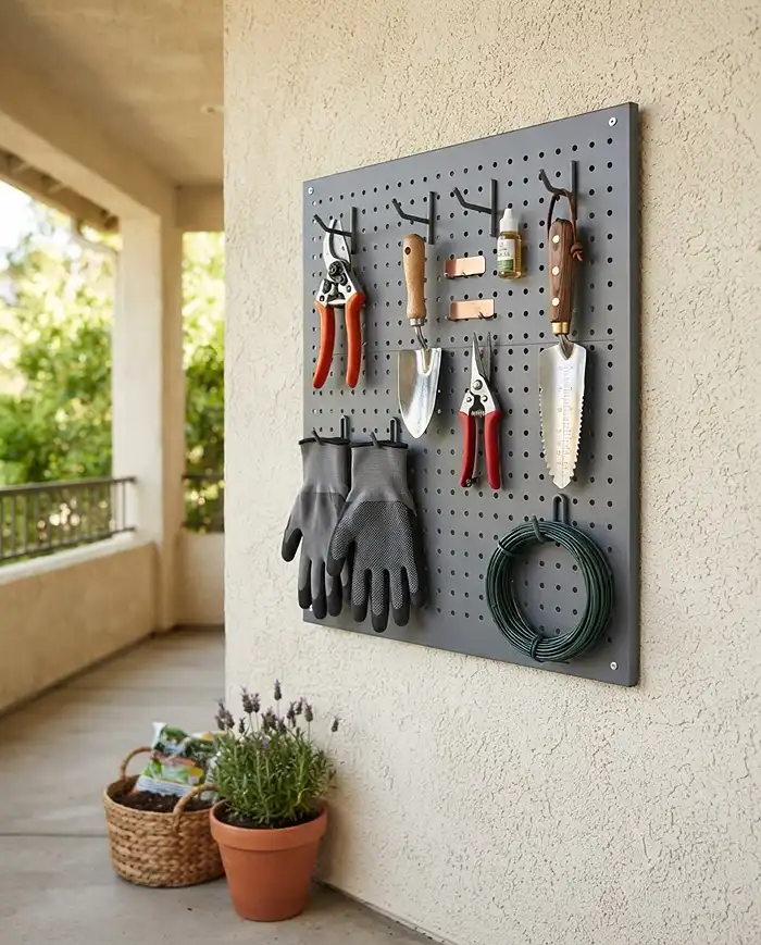 A weatherproof pegboard keeping pruners, gloves, and tools dry and accessible on a balcony wall.