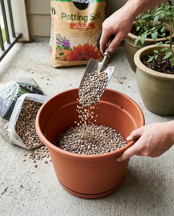 Adding a gravel base layer to weight down a lightweight planter against wind