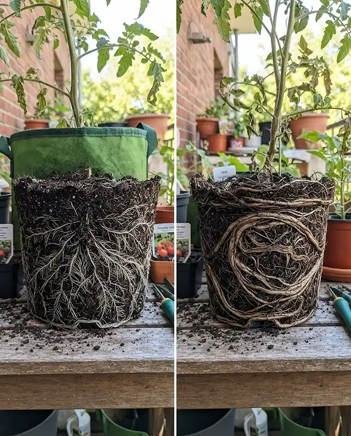 Container Size for Vegetables 2 Air-pruned fibrous roots from a fabric grow bag versus circling roots from a solid plastic pot.