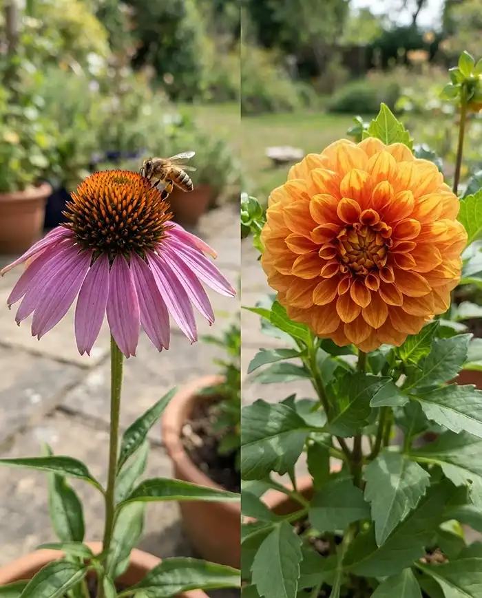 Bee Friendly Container Plants 4 An open single-bloom coneflower a bee can land on beside a ruffled double-bloom flower that blocks nectar access