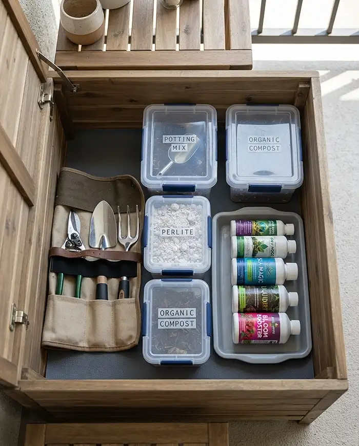 Balcony Storage Bench Ideas for Gardeners 5 An organized bench interior with rigid soil bins, a canvas tool roll, and fertilizers in a leak-proof tray.