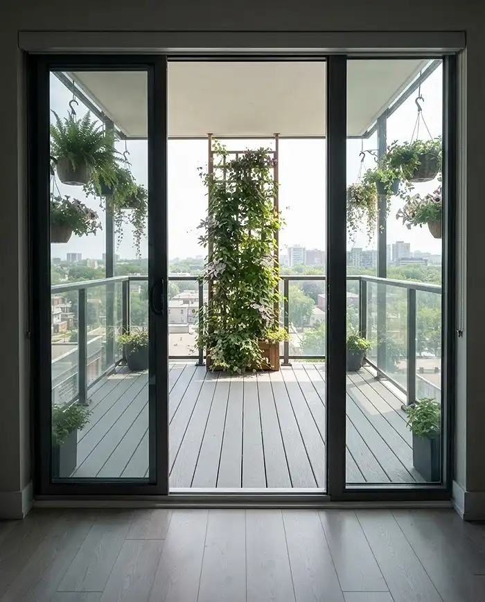Small Balcony Garden Design That Feels Bigger 2 An unbroken sightline from a balcony door to the railing with the floor kept clear and height added above.