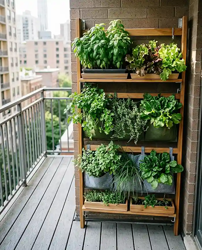Balcony garden layout using a vertical culinary wall of tiered herbs and greens to keep the floor clear