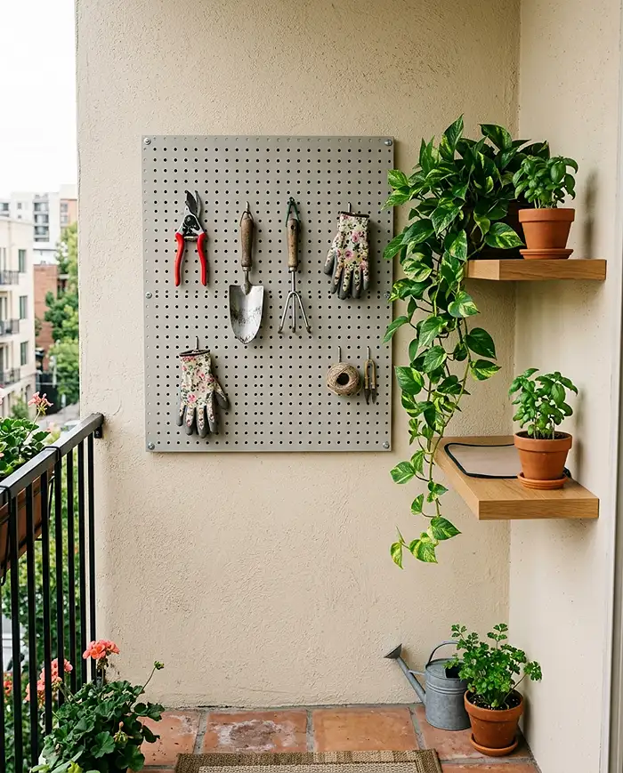 Balcony garden shelving with a pegboard tool station and floating shelf of trailing plants
