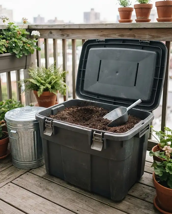 Balcony garden storage using a locking resin bin and a galvanized steel bin to keep potting mix dry and pest-free.