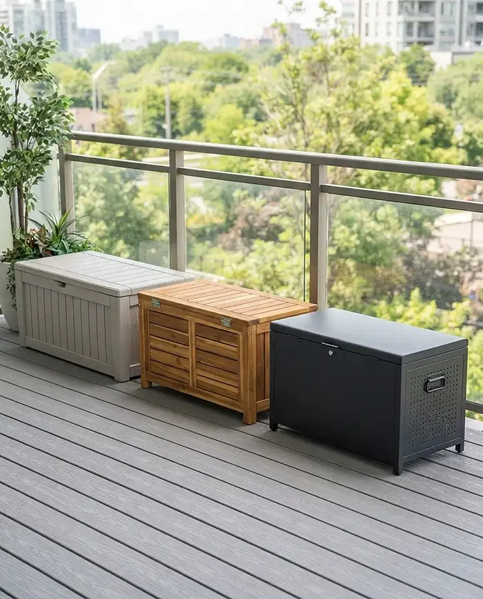 Balcony Storage Bench Ideas for Gardeners 3 Balcony storage bench ideas comparing UV-treated resin, teak wood, and powder-coated metal benches.