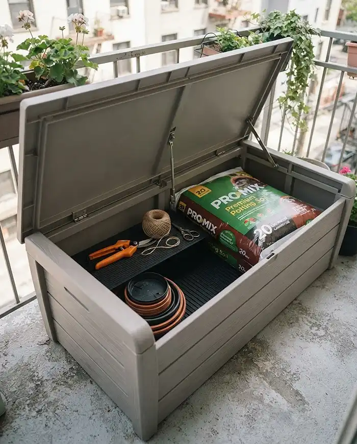 Balcony Storage Ideas for Garden Supplies 3 Balcony storage ideas for garden supplies using a lidded bench to hide soil and tools