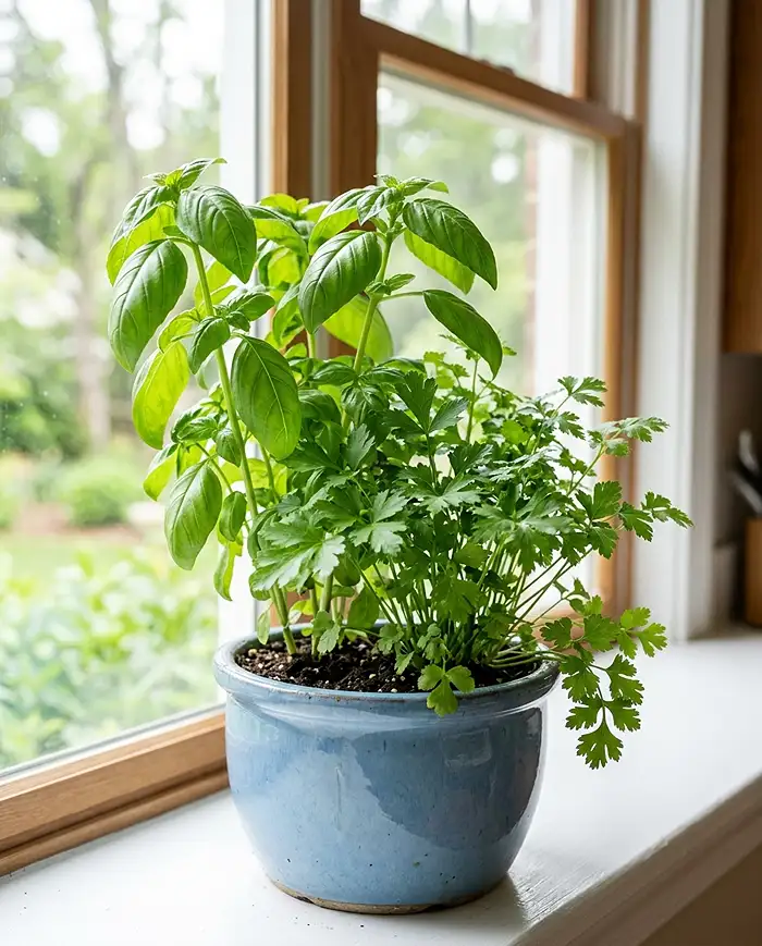 Basil, parsley, and cilantro sharing a glazed pot on a bright windowsill