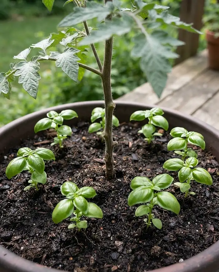 Basil starts ringing the base of a tomato plant as companion herbs for tomatoes in pots