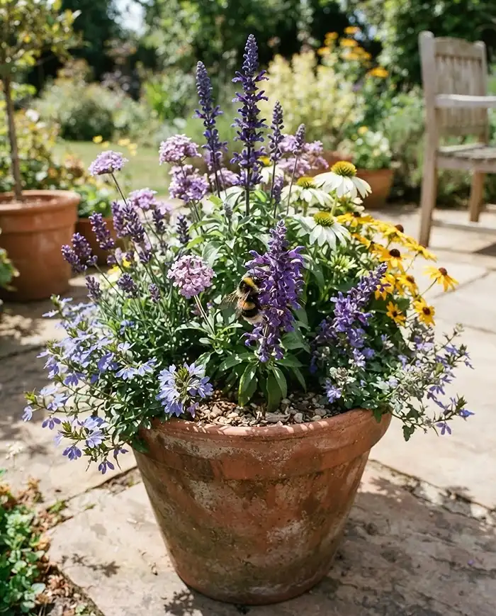 Bee Friendly Container Plants 2 Bee friendly container plants arranged in a wide pot of blue, purple, white, and yellow blooms that bees can easily see.