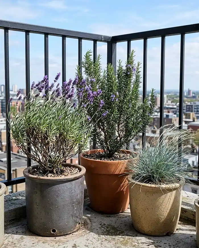 Best planters for a windy balcony holding wind-tolerant lavender, rosemary, and grasses