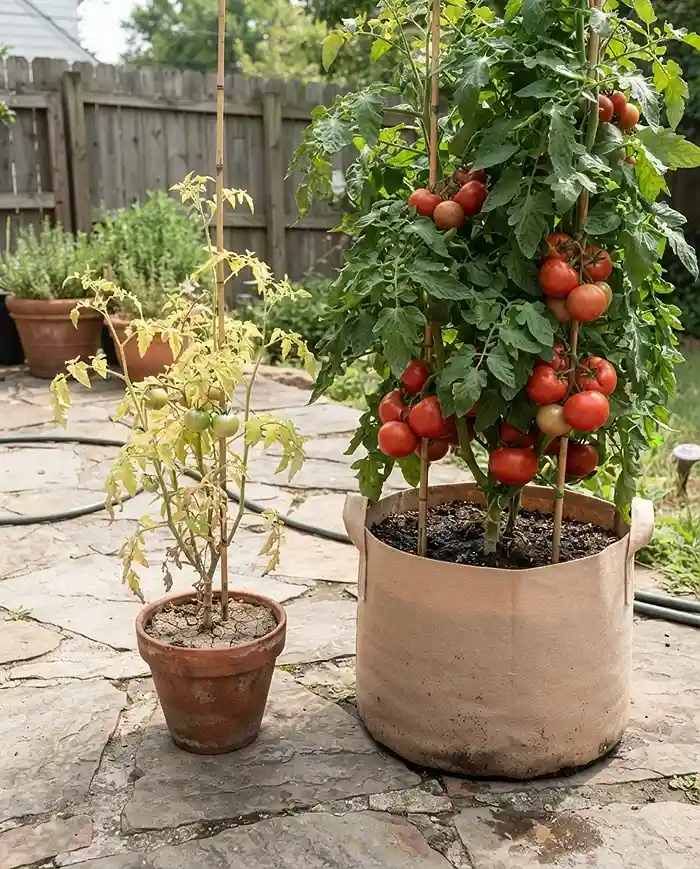 Best Pot Size for Tomatoes Peppers and Cucumbers 2 Best pot size for tomatoes shown by a stunted plant in a small pot versus a thriving one in a large container