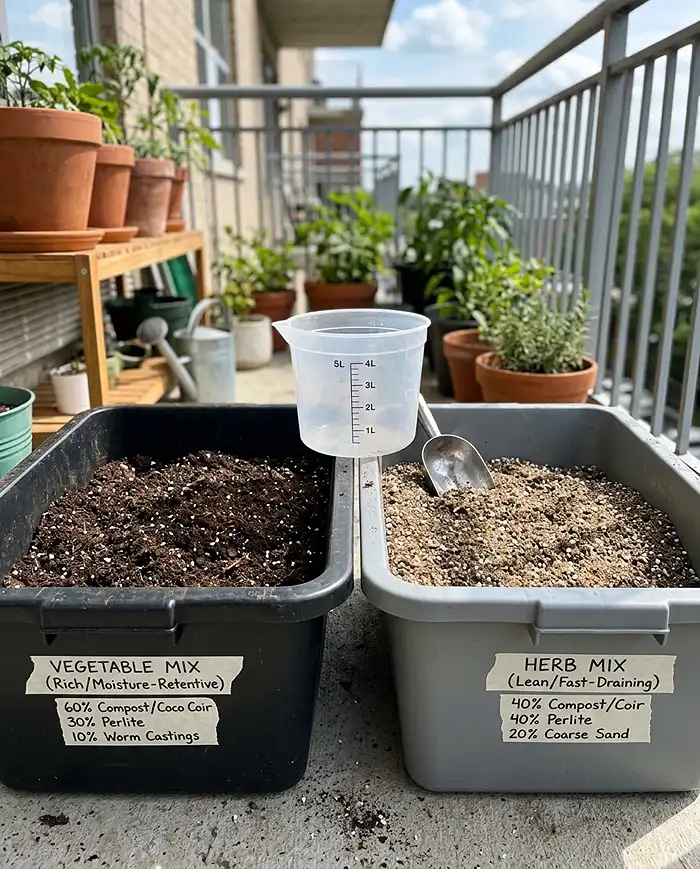 Best soil mix for balcony vegetables and herbs shown as separate rich and lean blends