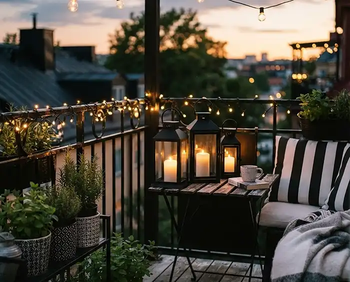 Black and White Balcony Garden Ideas With Herbs 5 Black lanterns and warm string lights adding evening atmosphere to a monochrome herb balcony