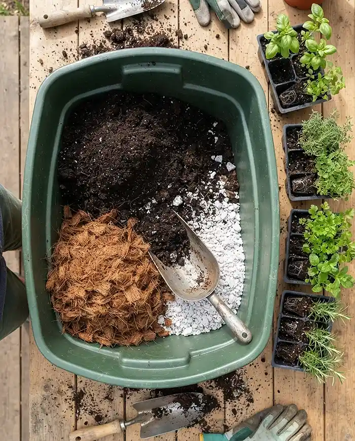 Blending potting soil, coco coir, and perlite into a lightweight mix for vertical planters