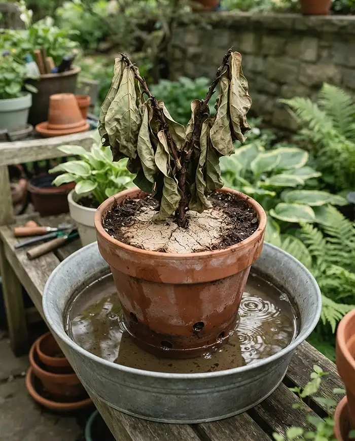 How to Revive Heat Stressed Container Plants 3 Bottom-watering a dried-out potted plant by soaking the lower third of the pot in a basin of water.