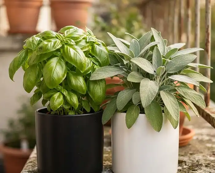 Black and White Balcony Garden Ideas With Herbs 3 Bright green basil and silvery sage contrasting against black and white herb pots
