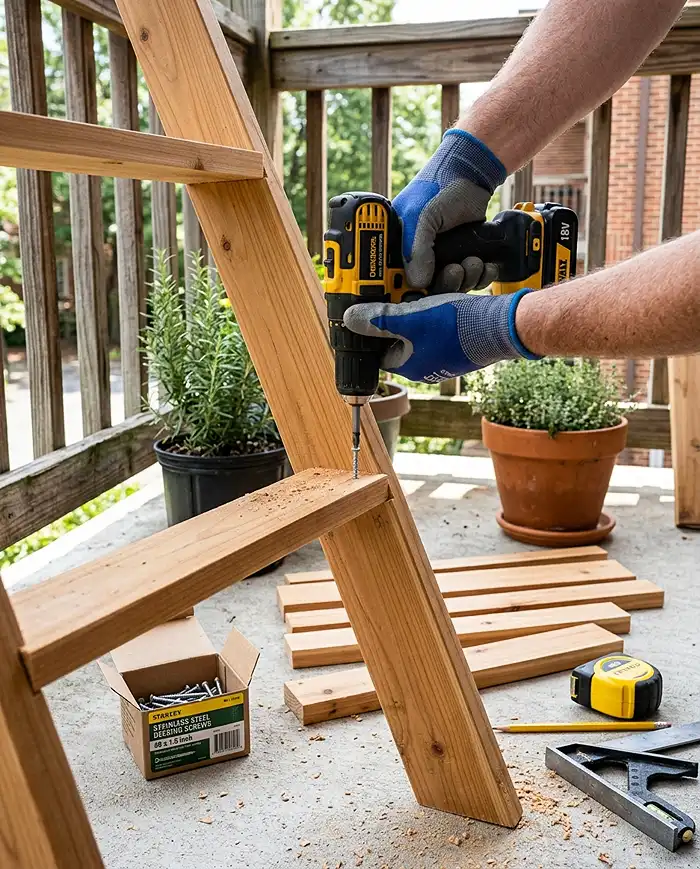 Building a DIY wooden herb ladder frame with angled shelves
