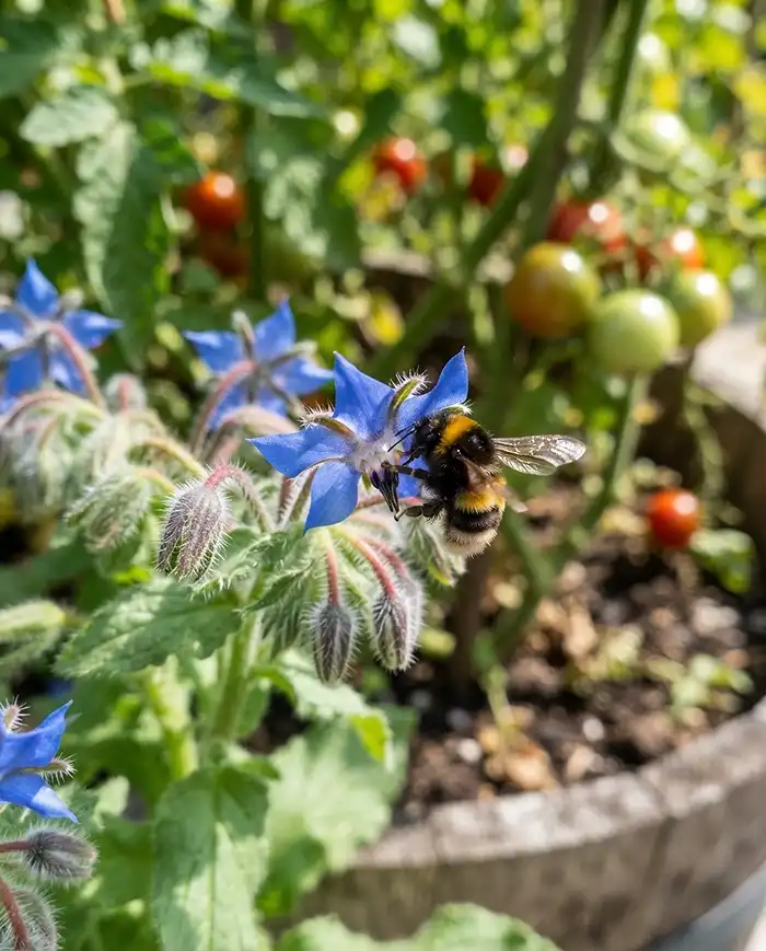 Bumblebee visiting blue borage flowers growing in a shared tomato container