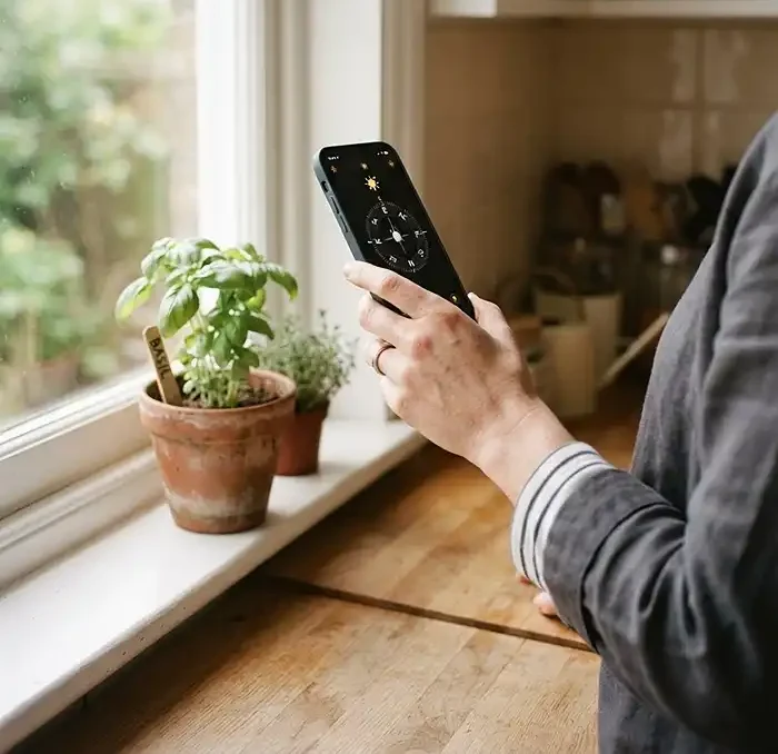 Checking a kitchen window's sun exposure with a compass app before hanging herbs