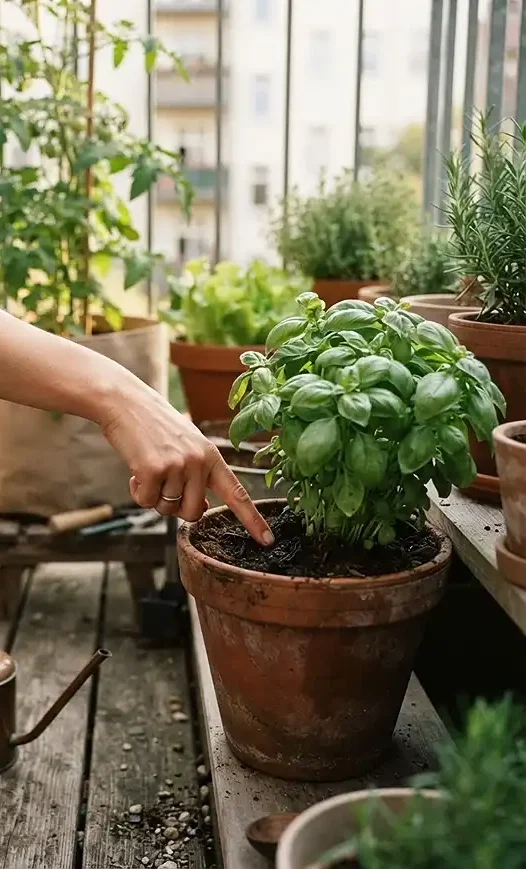 small space garden layout with containers Using Just 5 Pots 5 Checking soil moisture with a finger test in a container garden