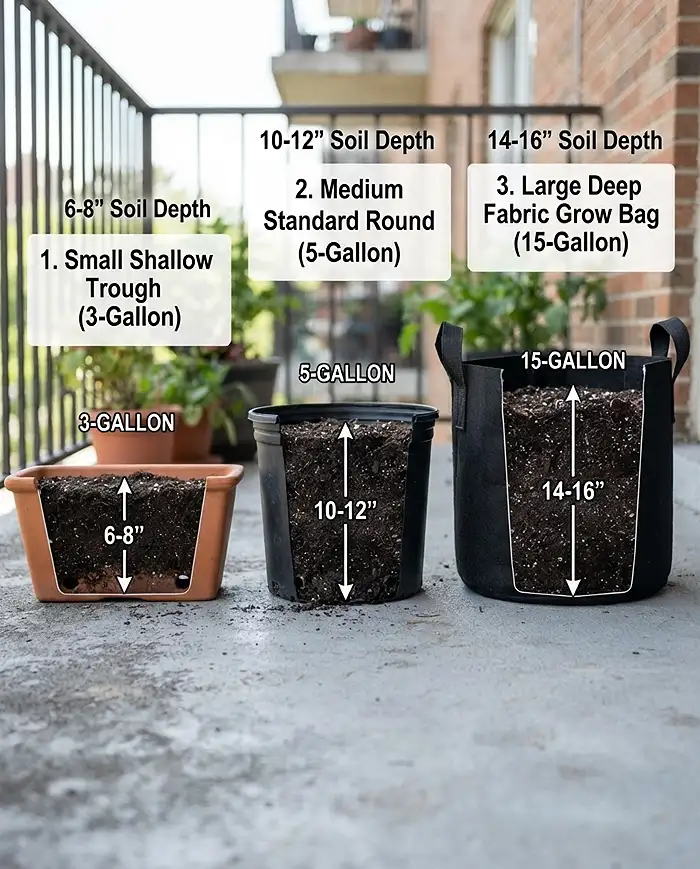 Container Size for Vegetables 3 Choosing container size for vegetables shown as small, medium, and large pots with their soil-depth cutaways