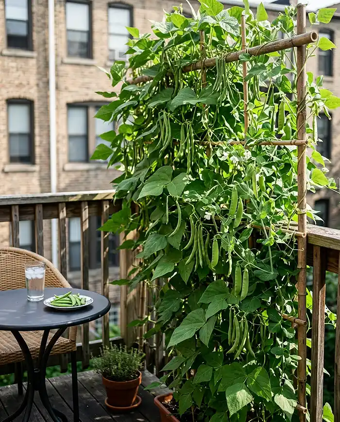 Edible Balcony Garden Ideas for a Cozy Dining Corner 5 Climbing beans and peas on a trellis forming an edible privacy screen by a balcony table