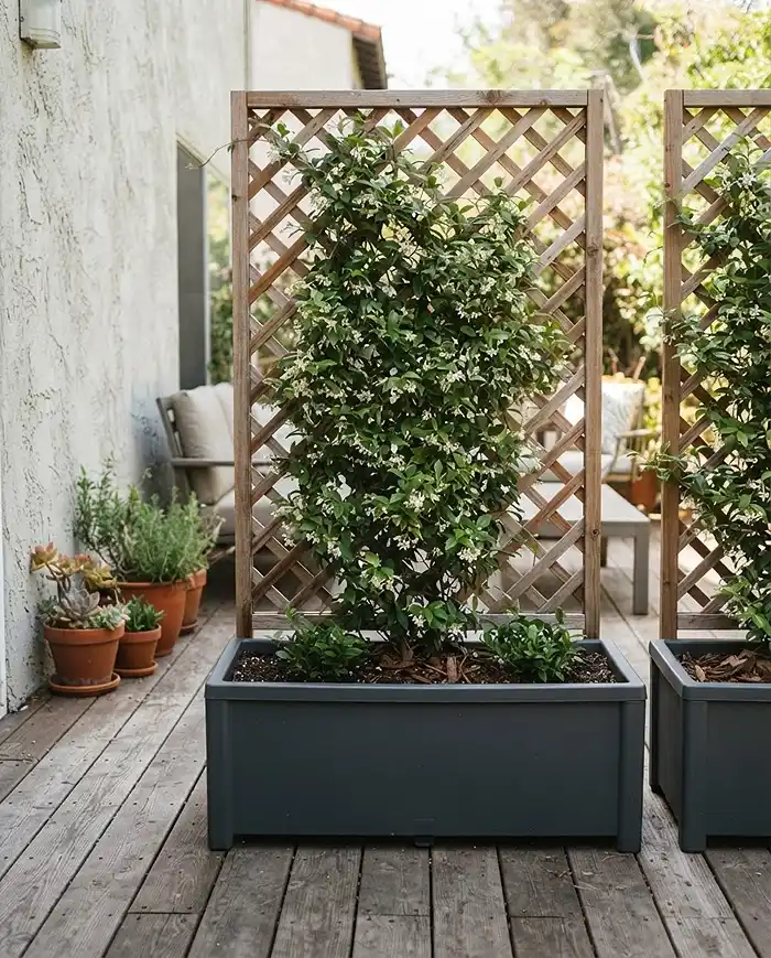 Climbing plants for privacy grown on a freestanding planter box with integrated lattice for renters.