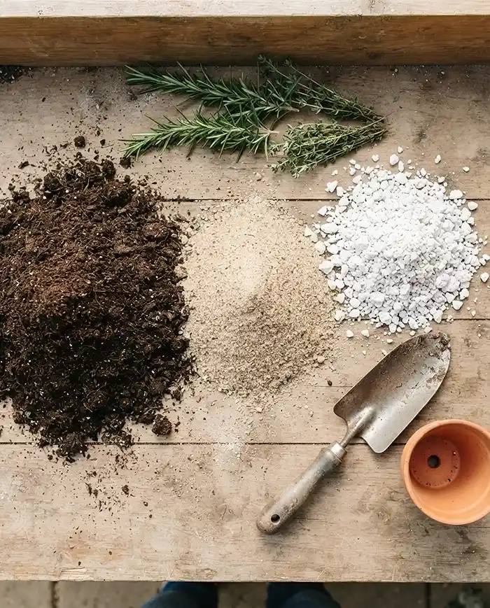 Coarse sand, perlite, and potting soil combined into a fast-draining mix for olives and herbs