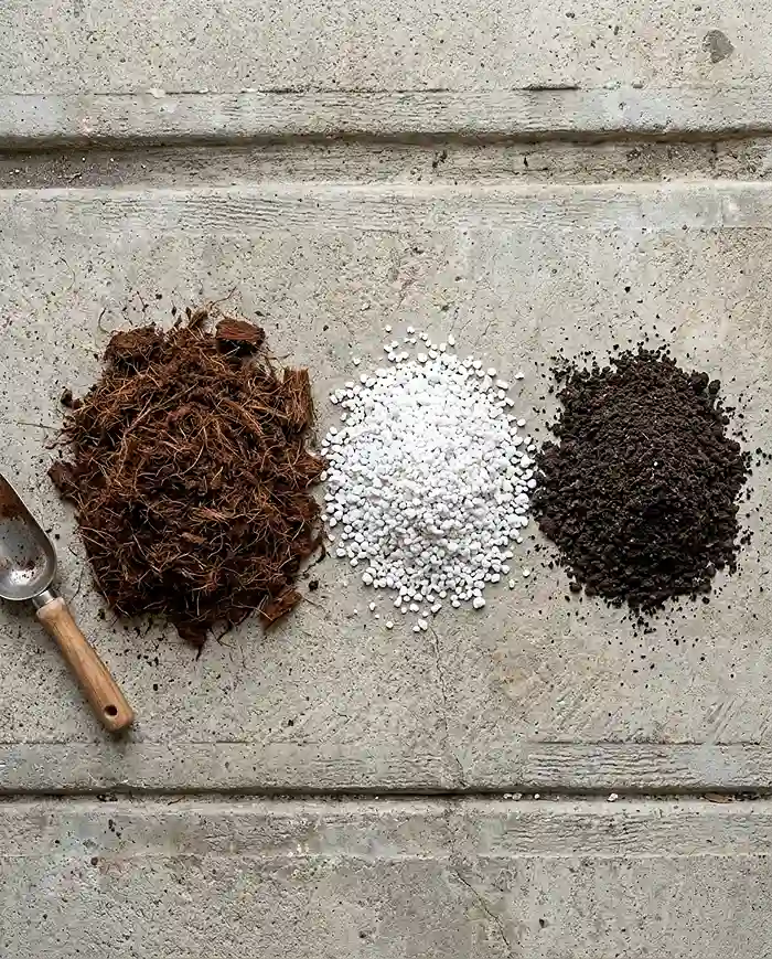 Coco coir, perlite, and worm castings, the core ingredients of a balcony potting mix