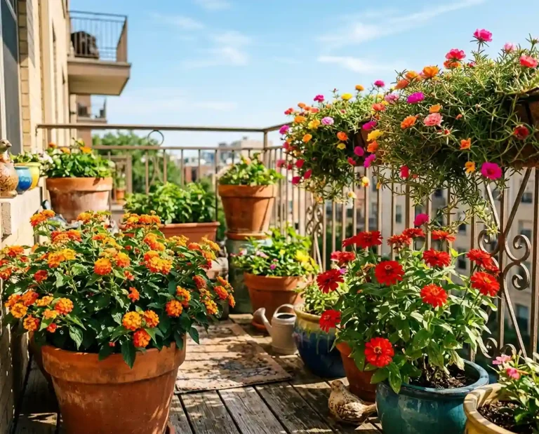 Colorful heat-tolerant flowers blooming in balcony pots under strong summer sun