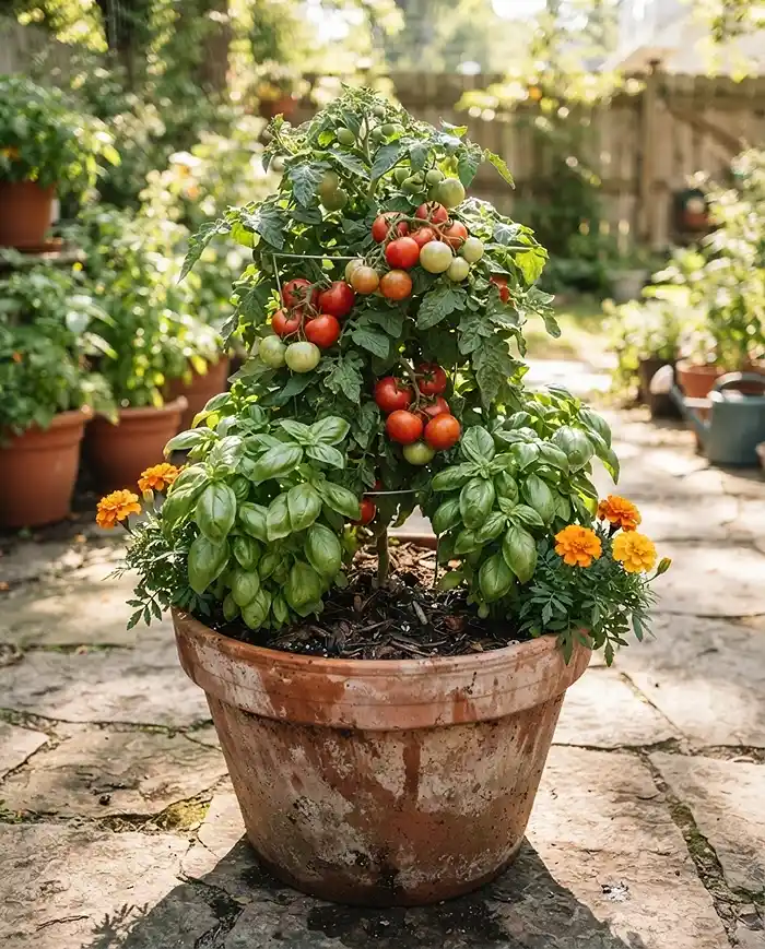 Companion planting in containers with tomato, basil, and marigold sharing one pot