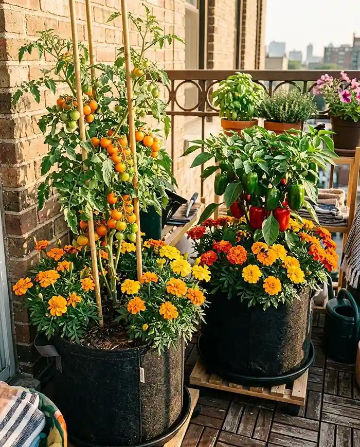 Corner pollinator tower layout with tomatoes, peppers, and marigolds in large containers