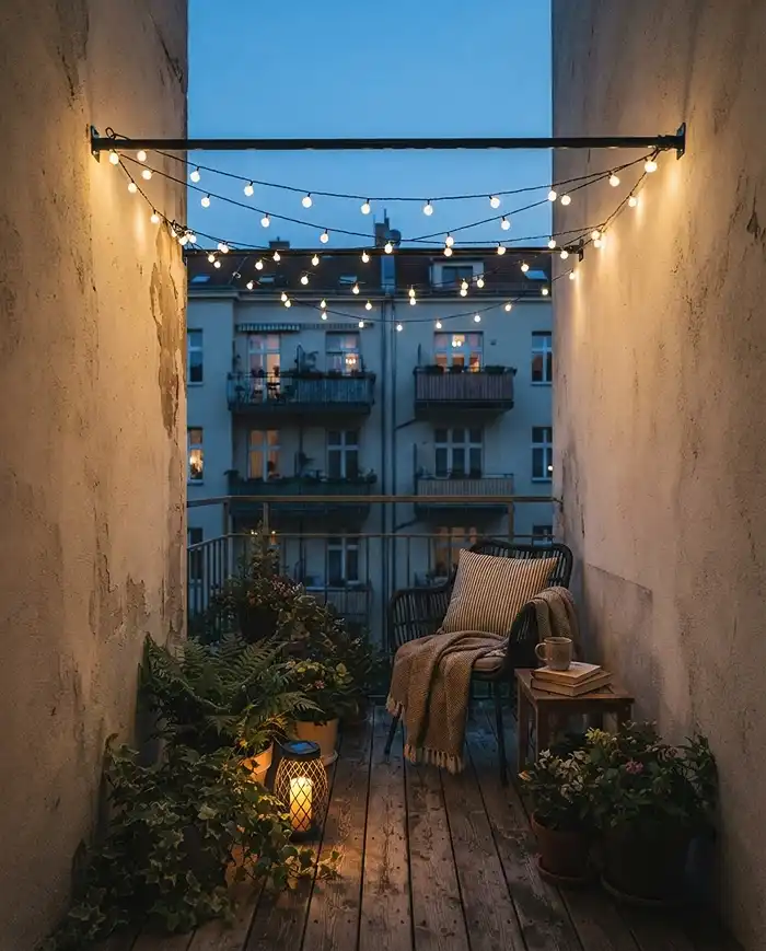 cozy balcony ideas with plants 4 Cozy balcony ideas with plants using layered string lights, a canopy, and a lantern