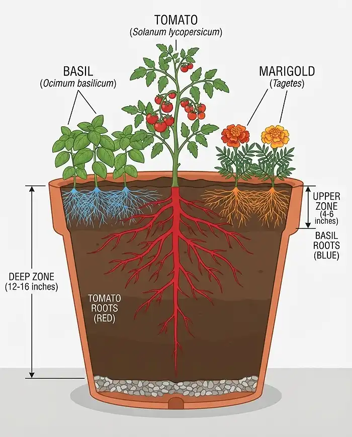 Cross-section showing deep and shallow roots sharing different soil layers in one container