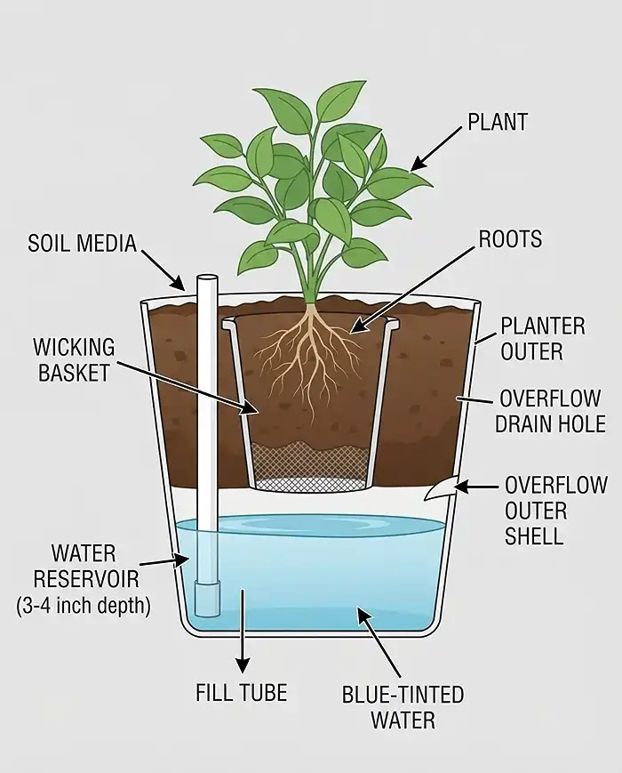 Cross-section showing how self-watering planters for small spaces use a reservoir, wick, and overflow hole