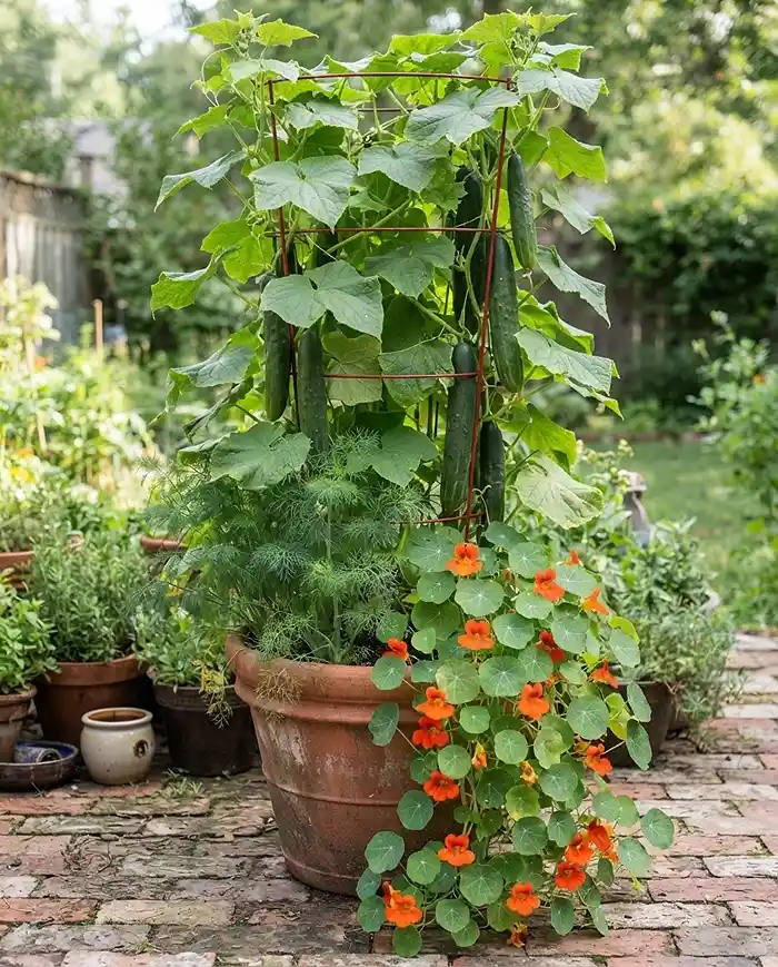 Cucumber trellised above dill and nasturtium sharing one container