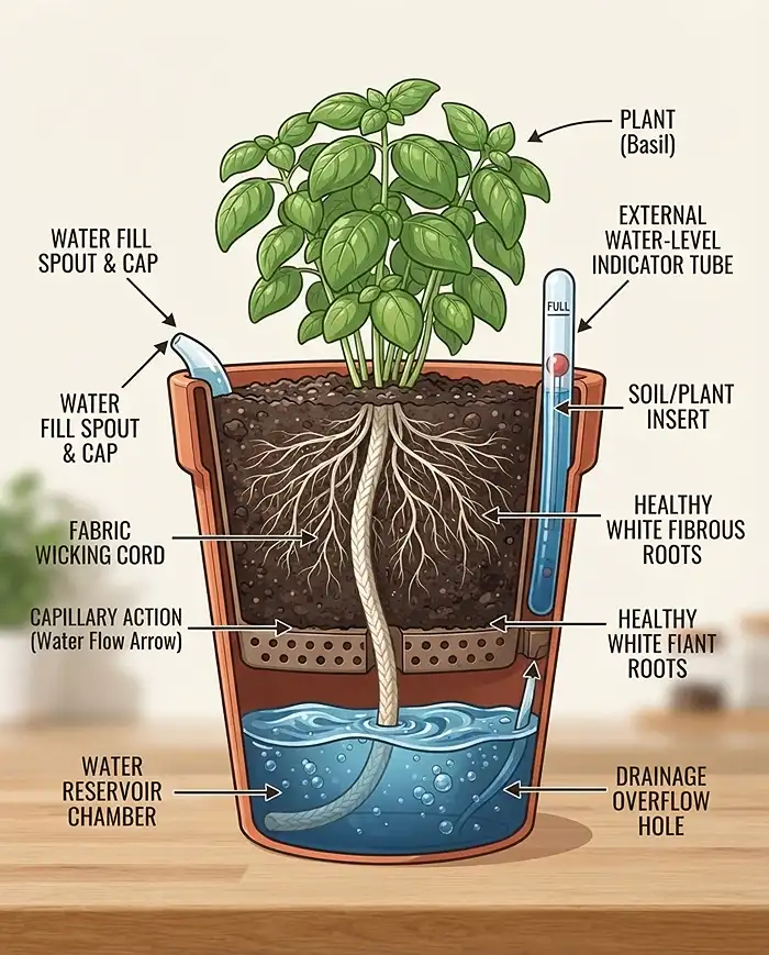 Low Maintenance Balcony Plants for Busy Gardeners 3 Cutaway of a self-watering planter showing the reservoir and wicking system feeding the roots.