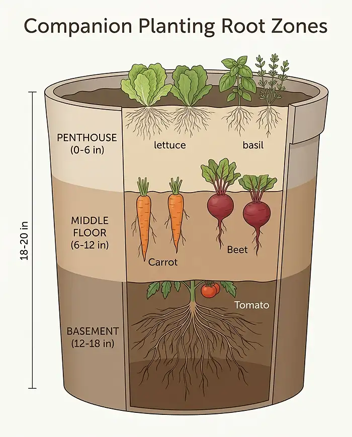 Layered Container Gardening 2 Cutaway showing shallow, mid, and deep root zones stacked in layered container gardening