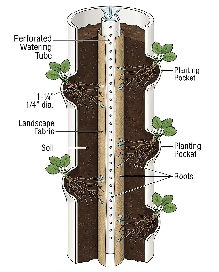 DIY Vertical Strawberry Planter for Small Spaces 3 Cutaway showing the central perforated watering tube inside a DIY vertical strawberry planter