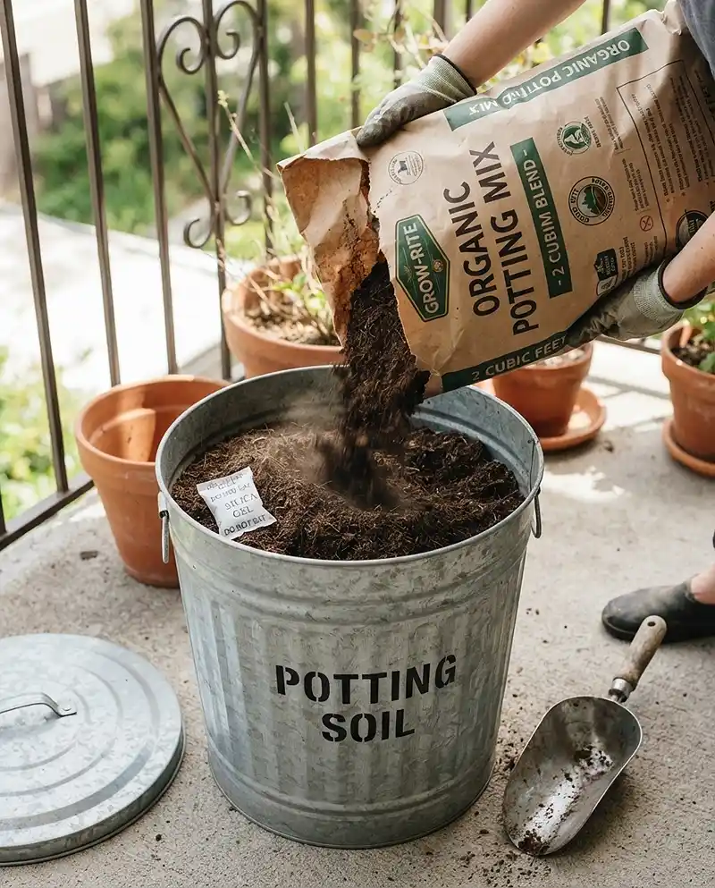 Small Balcony garden Storage Ideas 2 Decanting potting soil into a galvanized bin for small balcony garden storage