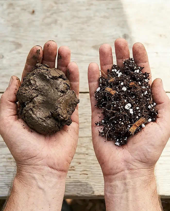 Dense garden soil versus light container mix showing why potting mix drains better