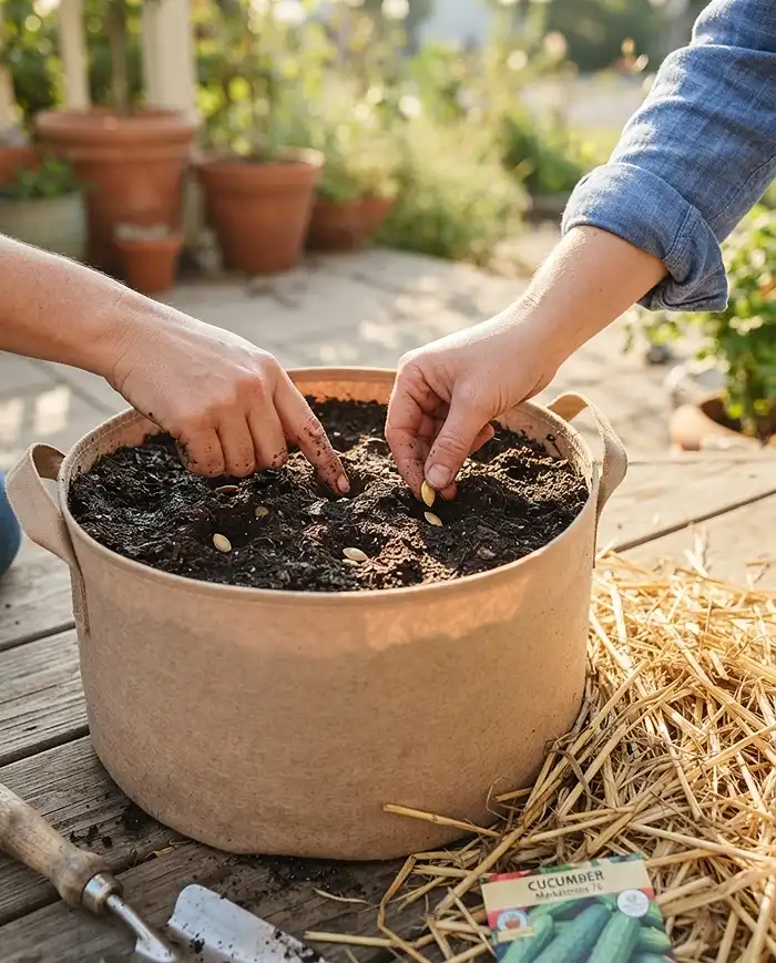 Best Cucumbers for Containers 4 Direct-seeding pre-soaked cucumber seeds into a wide grow bag with straw mulch ready nearby.