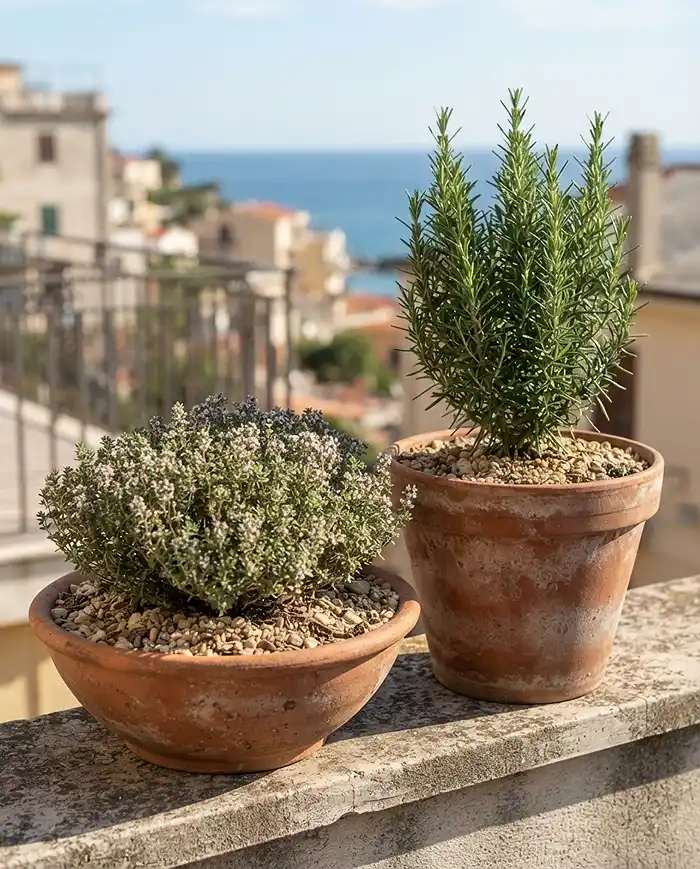 Drought-tolerant thyme and rosemary thriving in fast-draining terracotta pots on a balcony.