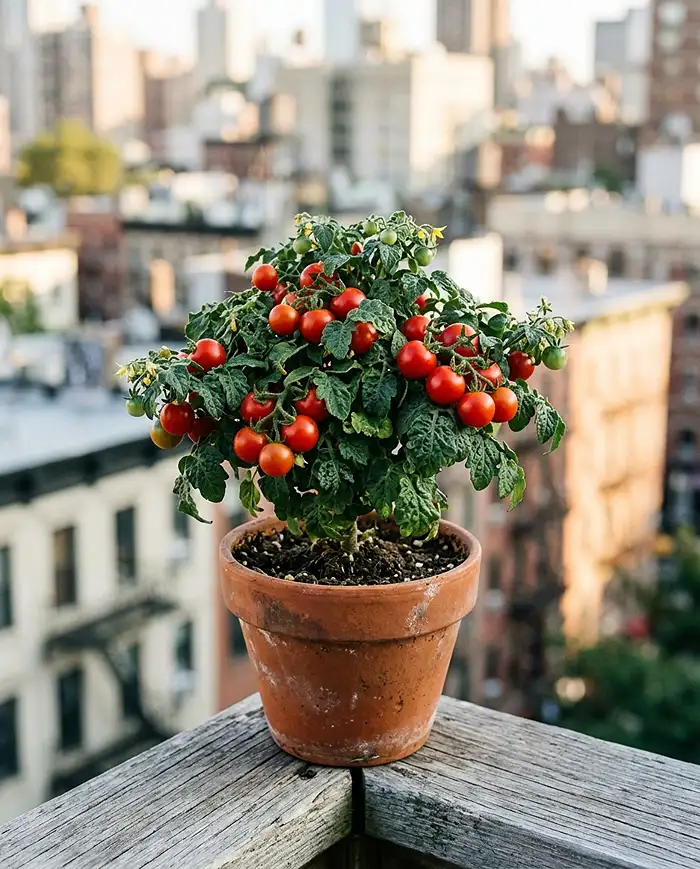 Dwarf Micro Tom tomato plant fruiting in a small pot on a balcony railing. 23 small balcony garden ideas